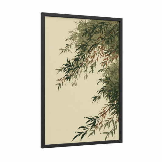 Willow Branches framed leaf print — black wood frame — sage green and cream palette