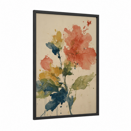 Coral Hibiscus Watercolor framed art print — black wood frame — salmon pink and beige palette