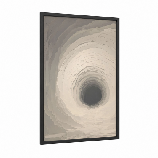 Spiral Tunnel framed art print — black wood frame — white and gray palette
