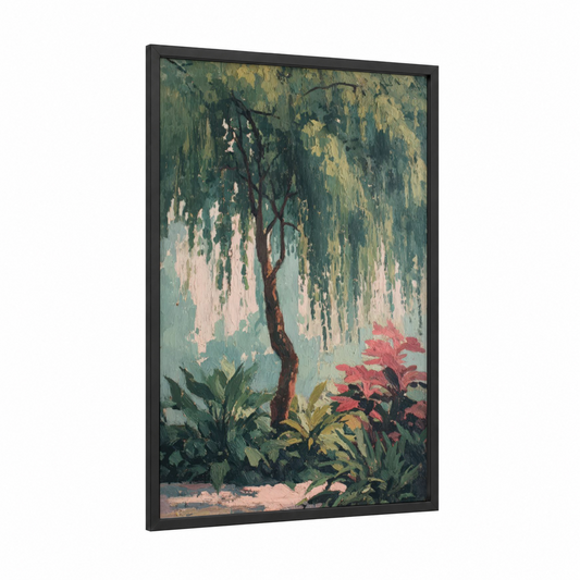 Weeping Willow Garden framed willow tree print — black wood frame — light green and peach palette