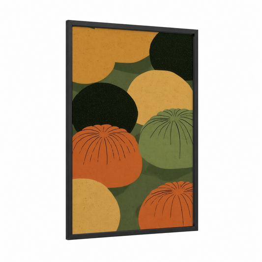 Autumn Harvest Circles framed baking print — black wood frame — yellow gold and dark green palette