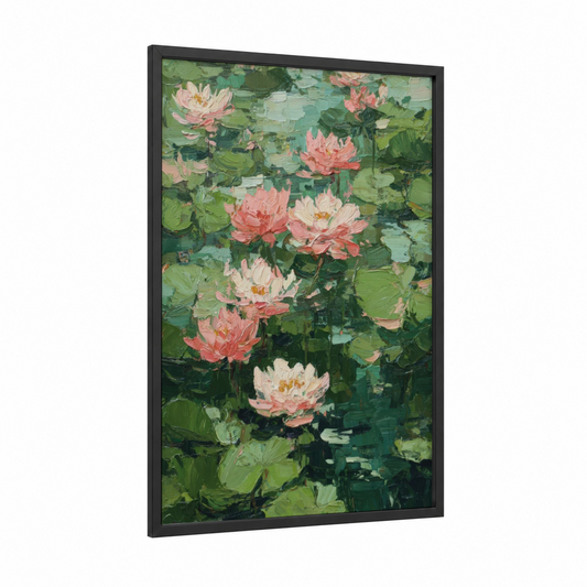 Pink Lotus Garden framed art print — black wood frame — green and pink palette