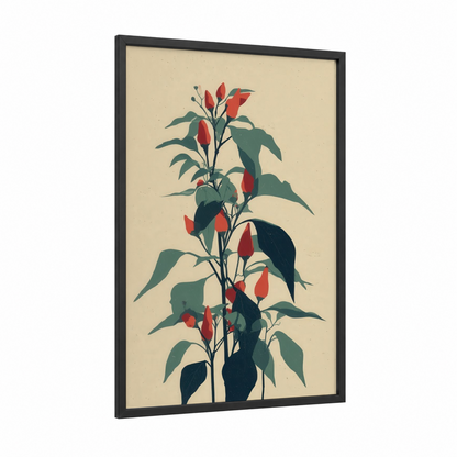 Red Chili Plant framed herbs print — black wood frame — red and dark green palette