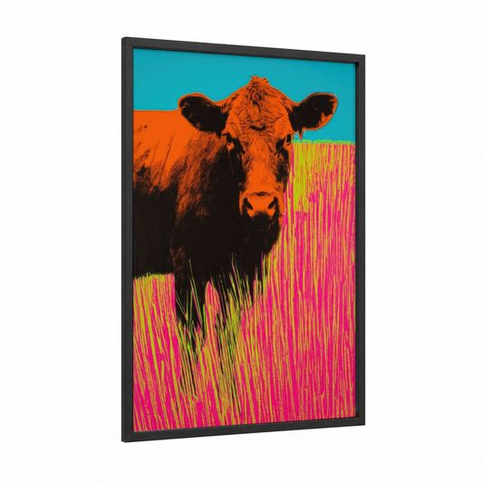 Orange Angus Portrait framed angus cow print — black wood frame — orange and magenta palette