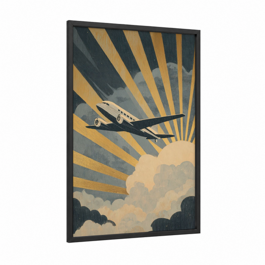 Golden Sky Jet framed private jet print — black wood frame — yellow gold and gray palette