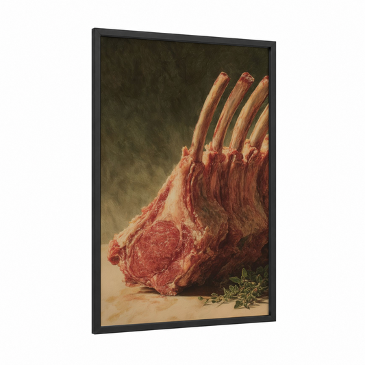 Prime Rib Roast framed meat print — black wood frame — russet and gold palette