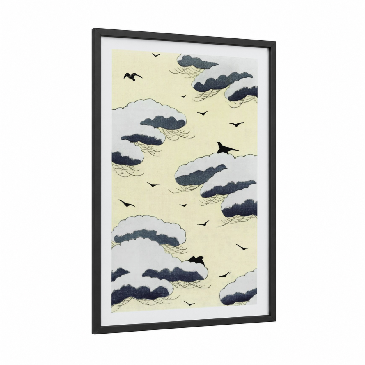 Windswept Clouds framed sky print — black wood frame — cream and black and white palette