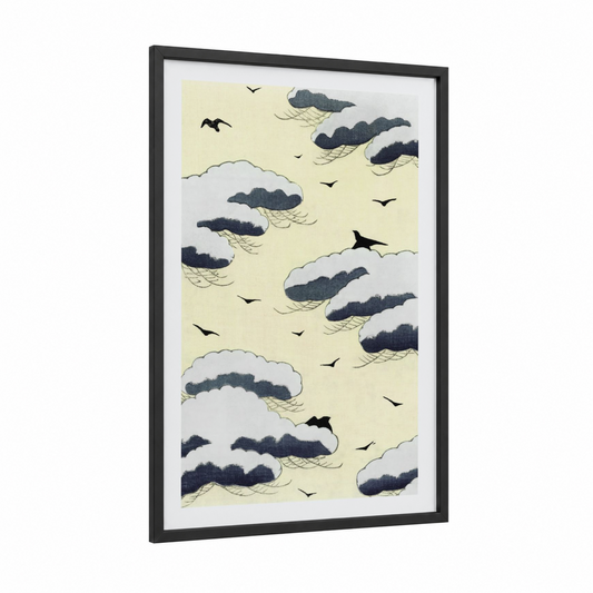 Windswept Clouds framed sky print — black wood frame — cream and black and white palette