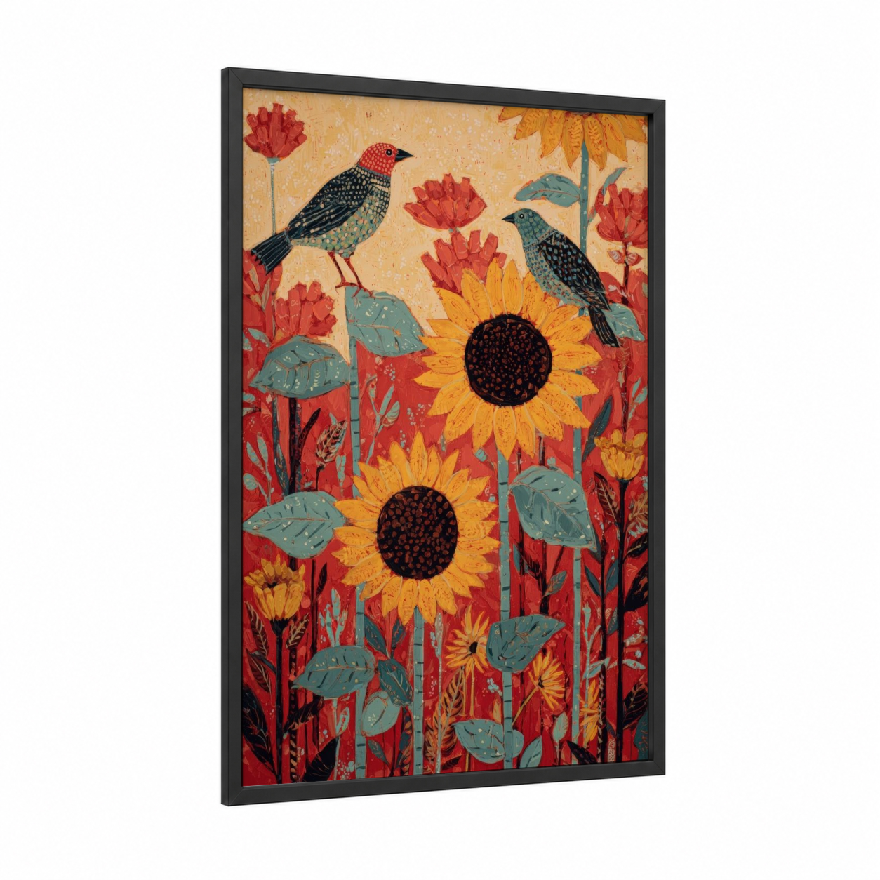 Garden Birds Sunflower framed art print — black wood frame — gold and red palette