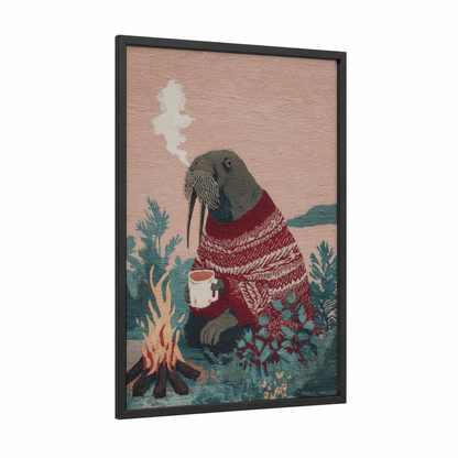 Cozy Walrus framed art print — black wood frame — russet and teal palette