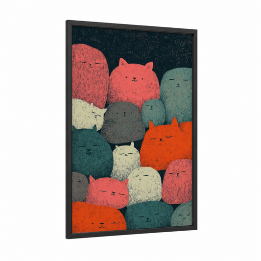 Sleepy Cat Cluster framed masonry print — black wood frame — blue and cream palette