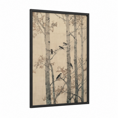 Aspen Forest Birds framed art print — black wood frame — cream and dove gray palette