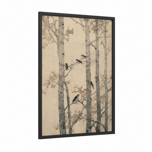 Aspen Forest Birds framed art print — black wood frame — cream and dove gray palette