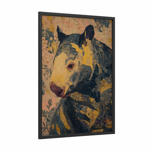 Golden Wombat framed art print — black wood frame — gold and dark blue palette