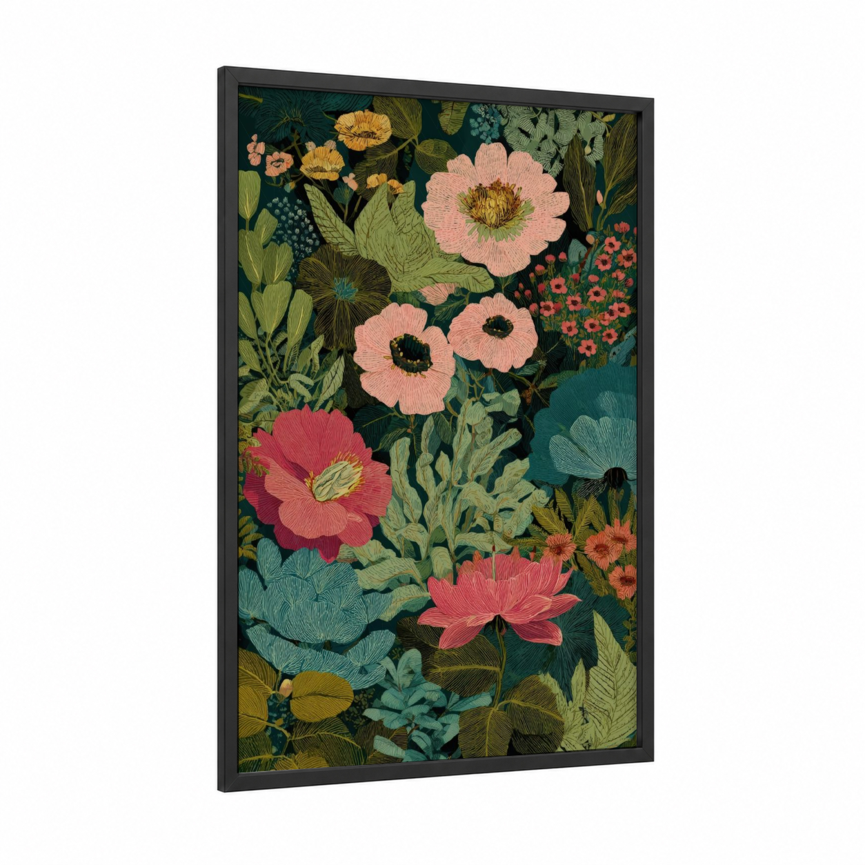 Botanical Garden Bloom framed flower field print — black wood frame — teal and gold palette