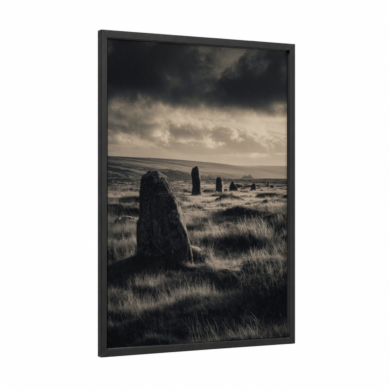 Ancient Stones Dawn framed sunrise print — black wood frame — black and white and gold palette