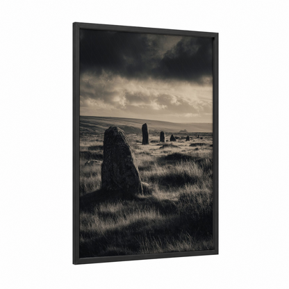 Ancient Stones Dawn framed sunrise print — black wood frame — black and white and gold palette