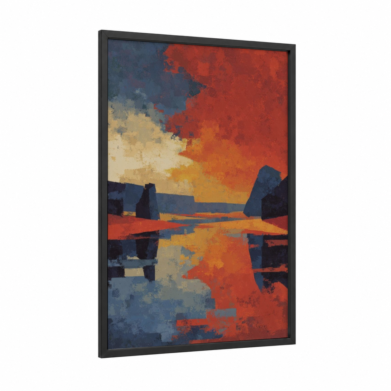 Crimson Horizon Sunrise framed beach sunrise and sunsets print — black wood frame — red and gold palette