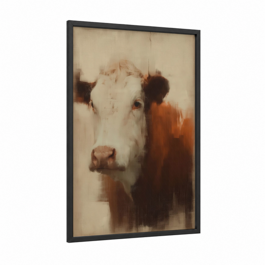 Gentle Jersey Cow framed art print — black wood frame — cream and russet palette
