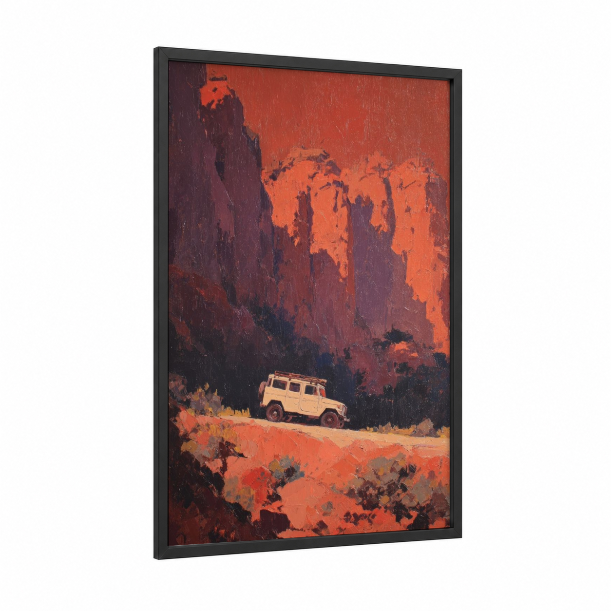 Desert Van Adventure framed art print — black wood frame — red and maroon palette