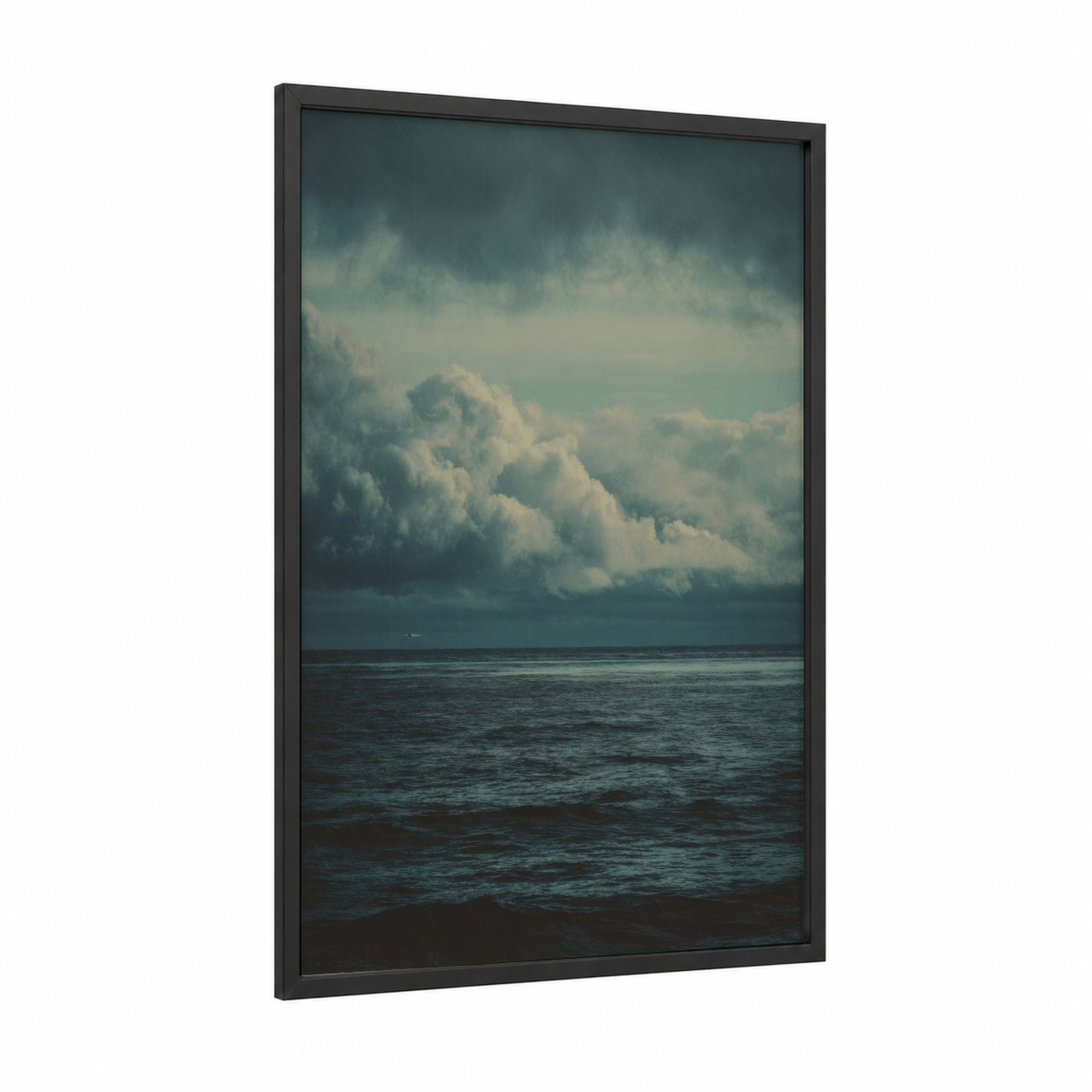 Stormy Ocean Rise framed seascapes and ocean print — black wood frame — gray and white and dark blue palette