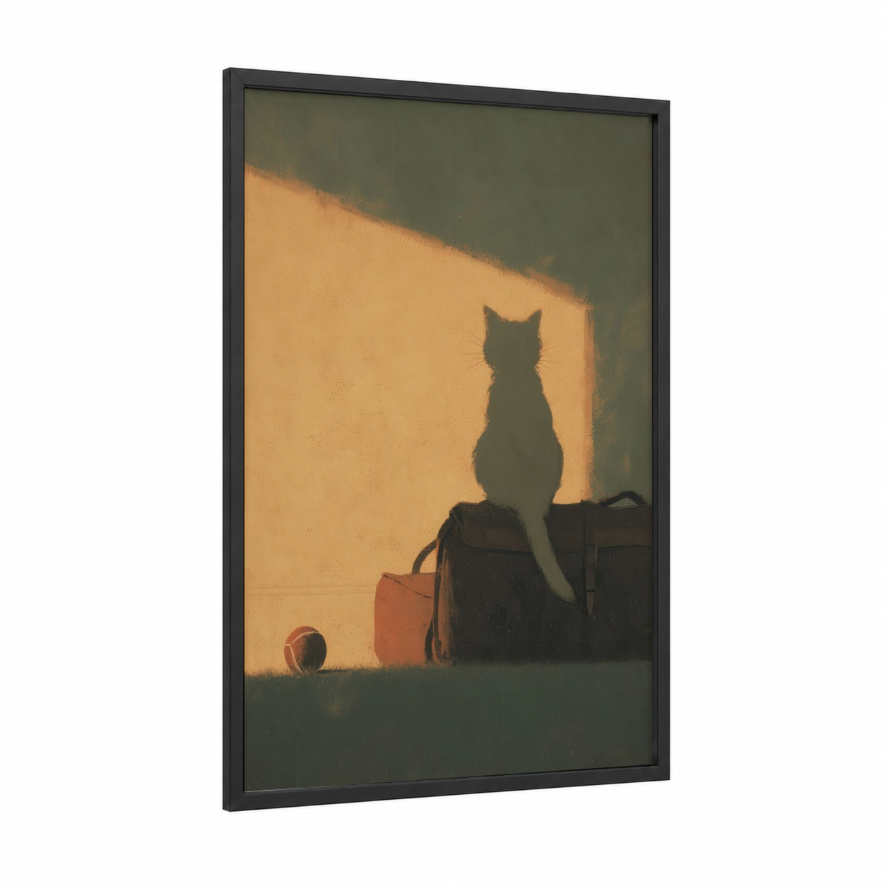 Silhouette Cricket Cat framed art print — black wood frame — gold and black and white palette