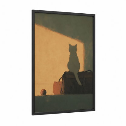 Silhouette Cricket Cat framed art print — black wood frame — gold and black and white palette