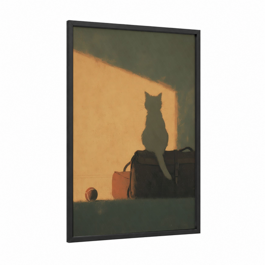 Silhouette Cricket Cat framed art print — black wood frame — gold and black and white palette