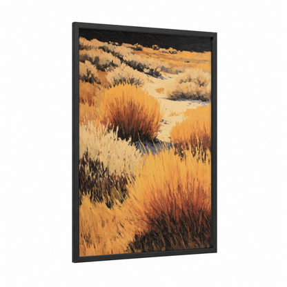 Golden Grassland framed art print — black wood frame — yellow gold and russet palette