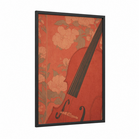 Floral Cello framed art print — black wood frame — red and peach palette