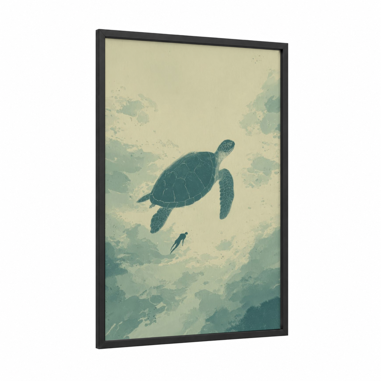 Sea Turtle Swimmer framed swimming print — black wood frame — sage green and cream palette