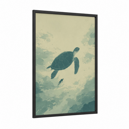 Sea Turtle Swimmer framed swimming print — black wood frame — sage green and cream palette