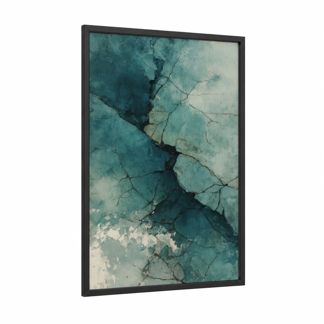 Frozen Glacier Fissures framed art print — black wood frame — teal and cream palette
