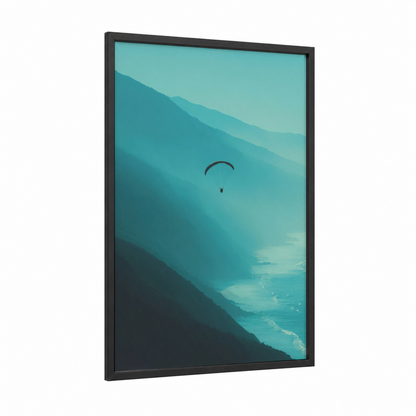 Coastal Paragliding framed art print — black wood frame — turquoise and teal palette