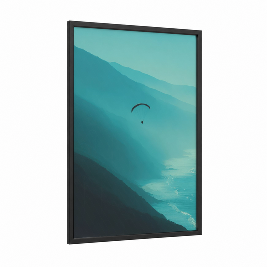Coastal Paragliding framed art print — black wood frame — turquoise and teal palette