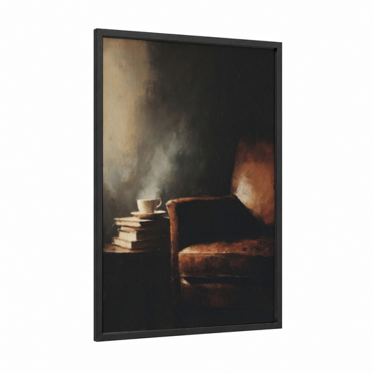 Quiet Reading Moment framed art print — black wood frame — brown and gold palette