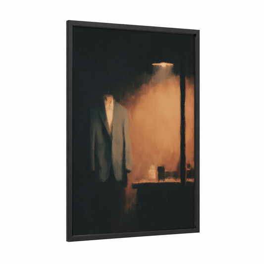 Solitary Seamstress framed knitting and sewing print — black wood frame — gold and black palette