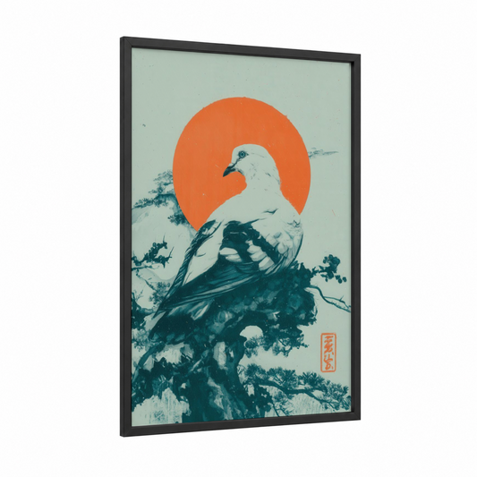 Crimson Sun Pigeon framed art print — black wood frame — teal and pumpkin palette