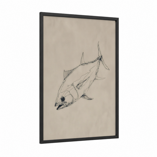 Sketch Tuna framed art print — black wood frame — beige and black and white palette