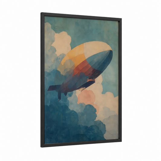 Vintage Airship framed art print — black wood frame — teal and cream palette