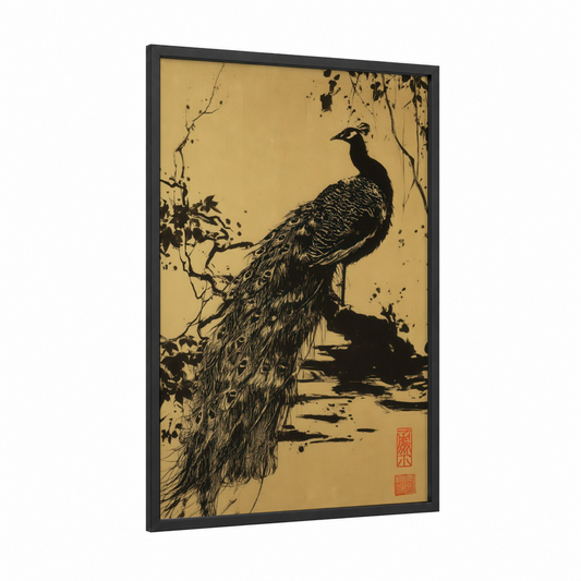 Golden Peacock framed art print — black wood frame — gold and black and white palette