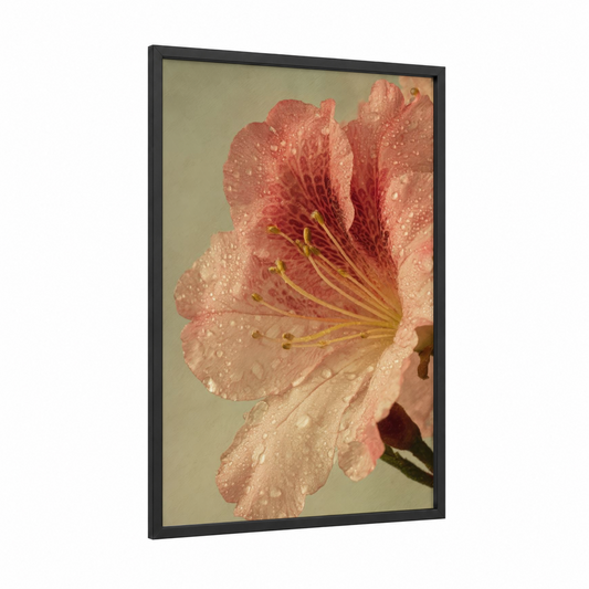 Dewy Rhododendron framed art print — black wood frame — salmon pink and sage green palette
