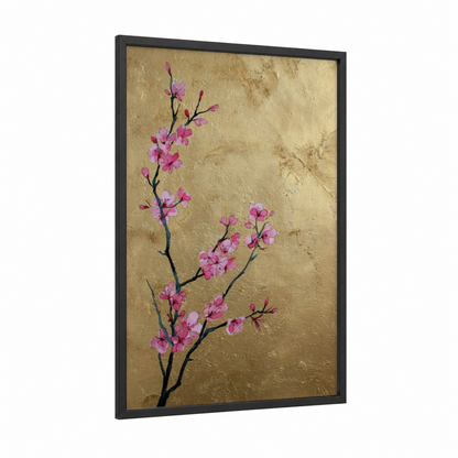 Elegant Cherry Blossom framed cherry blossoms print — black wood frame — gold and pink palette