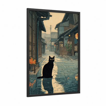 Rainy Street Cat framed art print — black wood frame — teal and cream palette