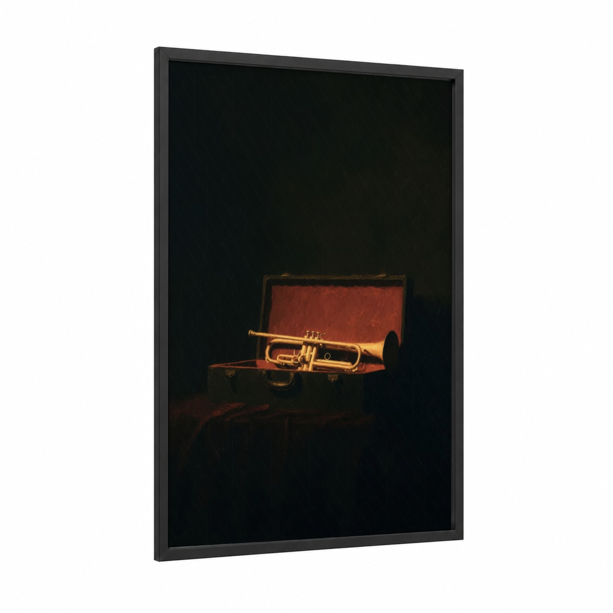 Golden Trumpet Case framed art print — black wood frame — gold and black palette