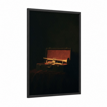 Golden Trumpet Case framed art print — black wood frame — gold and black palette
