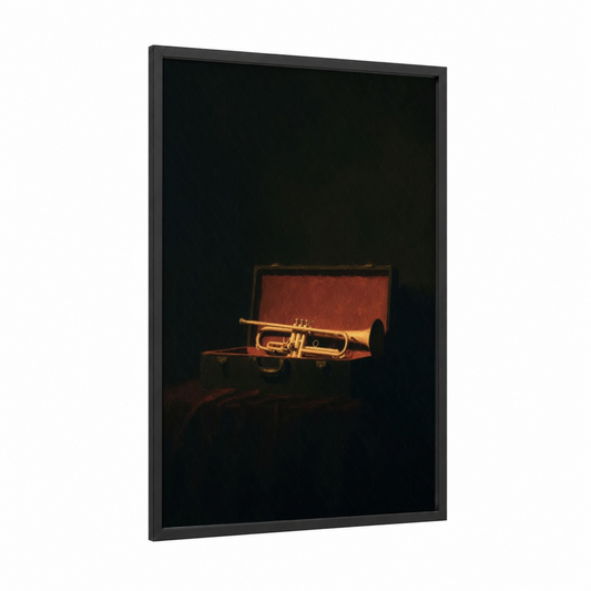 Golden Trumpet Case framed art print — black wood frame — gold and black palette