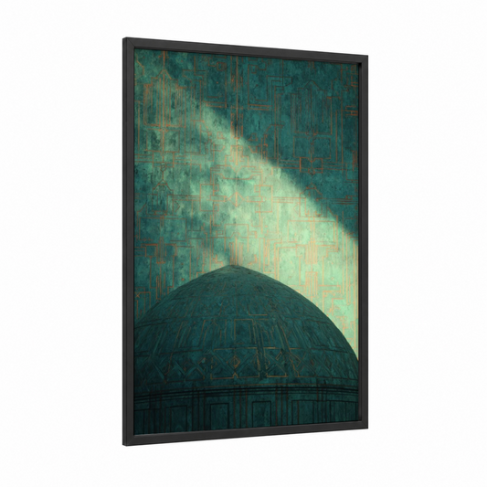 Ethereal Dome Light framed art print — black wood frame — teal and gold palette