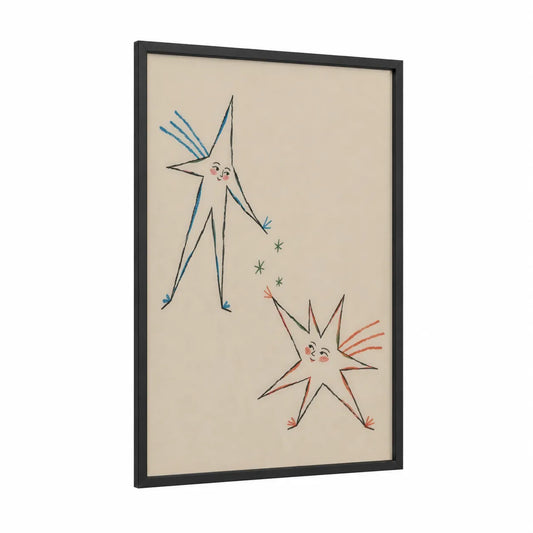 Whimsical Star Faces Minimalist Wall Art framed art print — black wood frame — beige and peach palette