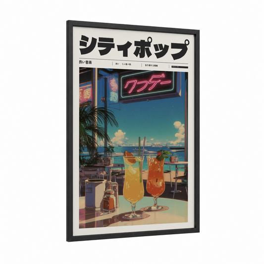 Tropical Vibe Pop framed anime and manga print — black wood frame — blue and gold palette